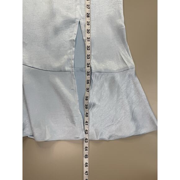 Skies Are Blue Satin Midi Dress XS Pastel Baby Blue Bridesmaid Bow Straps Ruffle - Picture 7 of 16